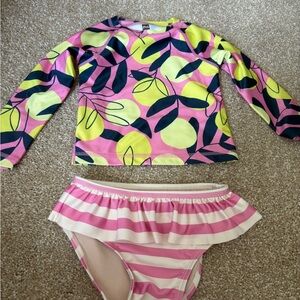 Kids Long-Sleeve Rash Guard & Stripe Bikini Bottoms - Pink/Yellow